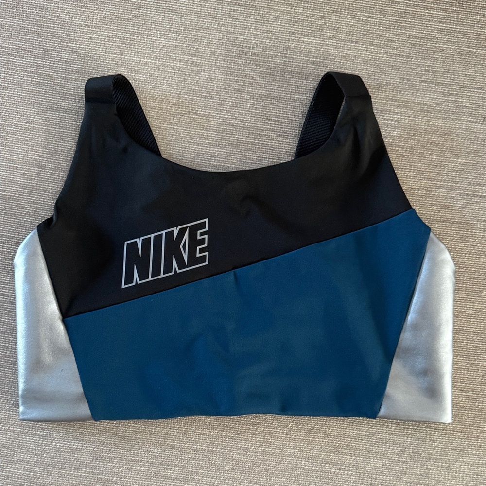 Nike Black and Blue Sports Bra with Silver Panels